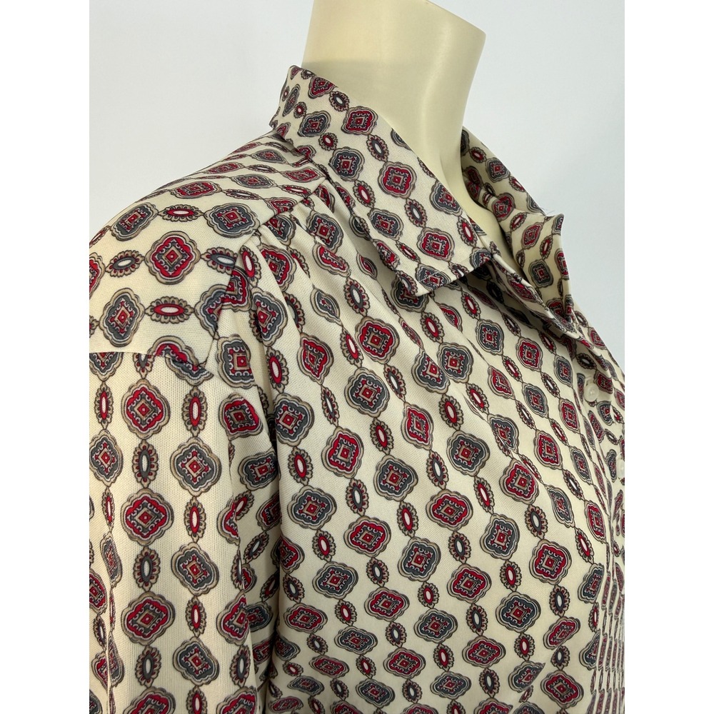 VTG Nikki 70s Satin Pullover Blouse 20W Red Grey Medallion Print Plus Size Flaw